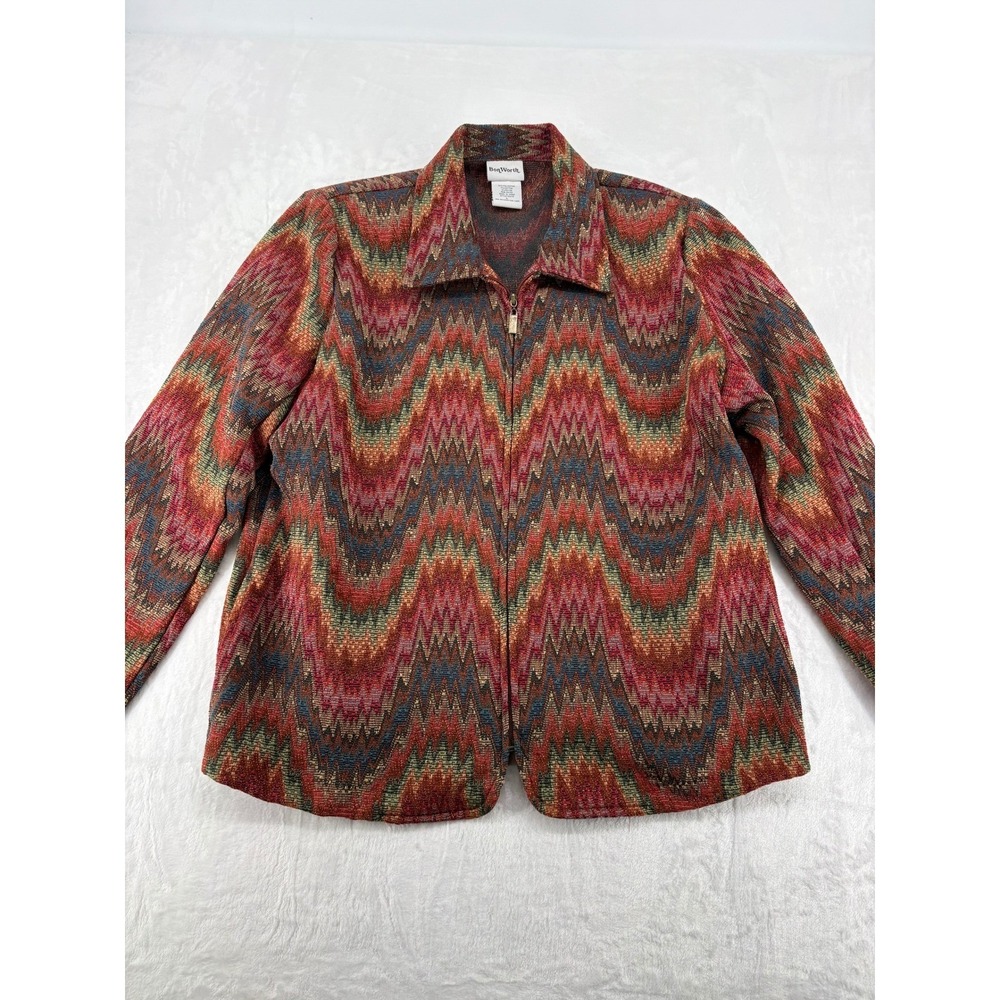 BonWorth Jacket Womens L Zip‎ Up Multicolor Chevron Zigzag Tapestry Red Green